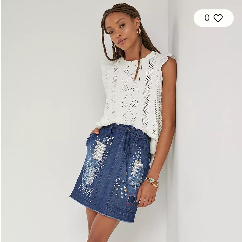 Anthro Pilcro Washed Denim Patch Embroidered Mini Skirt
